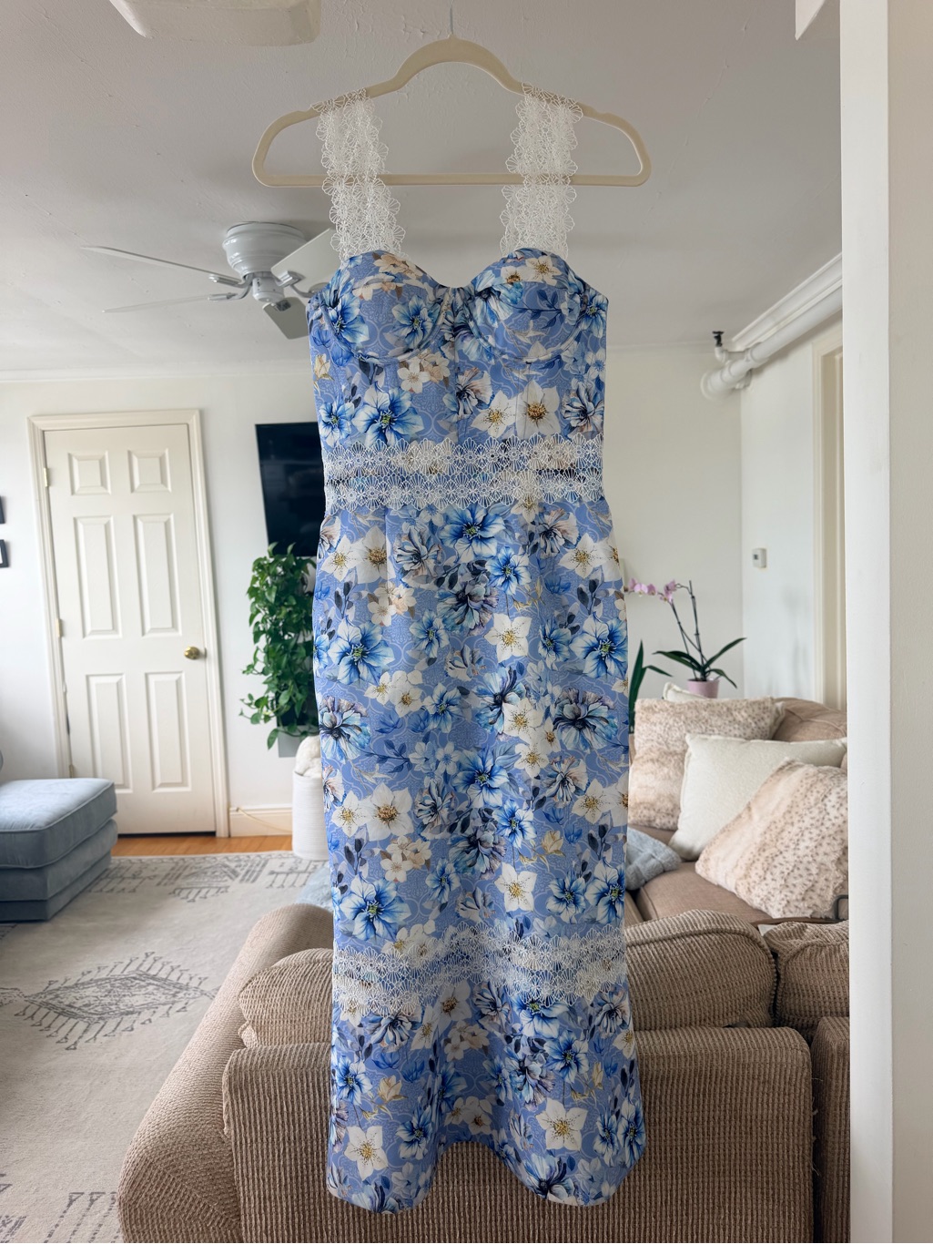 Bronx And Banco Blue Floral Lace-Trim Midi Dress
